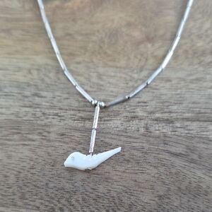 VINTAGE STERLING SILVER BEADED MOTHER OF PEARL BIRD NECKLACE